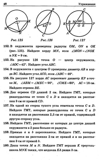48 Упражнения
152. В окружности проведены радиусы ОМ, (Ж и ОК
(рис. 125). Найдите хорду МИ, если АМОИ = АЫОК
иЛГ2Г= 9см.
153. На рисунке 126 точка О — центр окружности,
ААОС = 42°. Найдите угол А23С.
154. В окружности с центром О проведены диаметр АВ и хор­
да ВС. Найдите угол АСО, если ААВС = 46°.
155. На рисунке 127 хорда АС пересекает диаметр КР в точ­
ке М , ZABM = ZM £C = 90°, /СМЕ =60°, АС = 18 см.
Найдите отрезок ВЕ.
156. Дан отрезок СО длиной 2 см. Найдите ГМТ, которые
равноудалены от точек С и 2) и находятся на расстоя­
нии 3 см от прямой С2).
157. На одной из сторон тупого угла отметили точки С и I).
Найдите ГМТ, которые равноудалены от точек С и 2)
и находятся на расстоянии 2,5 см от прямой, содержащей
Д р у г у ю сторону угла.
158. Найдите ГМТ, расстояние от которых до центра данной
окружности в 2 раза больше ее радиуса.
159. Прямые а и Ь пересекаются. Найдите ГМТ, которые
находятся на расстоянии 2 См от прямой а и на расстоя­
нии 3 см от прямой Ъ.
160. Даны точки М и N. Найдите ГМТ вершин К треуголь­
ников МНК таких, что медиана КА равна 3 см.
 