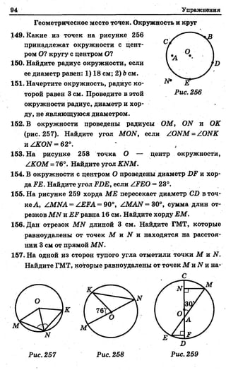 94 Упражнения
Геометрическое место точек. Окружность и круг
149. Какие из точек на рисунке 256
принадлежат окружности с цент­
ром О? кругу с центром О?
150. Найдите радиус окружности, если
ее диаметр равен: 1) 18 см; 2) Ьсм.
151. Начертите окружность, радиус ко­
торой равен Зсм. Проведите в этой
окружности радиус, диаметр и хор­
ду, не являющуюся диаметром.
152. В окружности проведены радиусы ОМ, ON и ОК
(рис. 257). Найдите угол MON, если ZONM = ZONK
и ZKON = 62°.
153. На рисунке 258 точка О — центр окружности,
ZKOM = 76°. Найдите угол KNM.
154. В окружности с центром О проведены диаметр DF и хор­
да FE. Найдите угол FDE, если ZFEO = 23°.
155. На рисунке 259 хорда ME пересекает диаметр CD в точ­
ке А, ZMNA = ZEFA = 90°, ZMAN = 30°, сумма длин от­
резков MN и EF равна 16 см. Найдите хорду ЕМ.
156. Дан отрезок MN длиной 3 см. Найдите ГМТ, которые
равноудалены от точек М и N и находятся на расстоя­
нии 3 см от прямой MN.
157. На одной из сторон тупого угла отметили точки М и N.
Найдите ГМТ, которые равноудалены от точек М и N и на-
Рис. 257 Рис. 258 Рис. 259
 