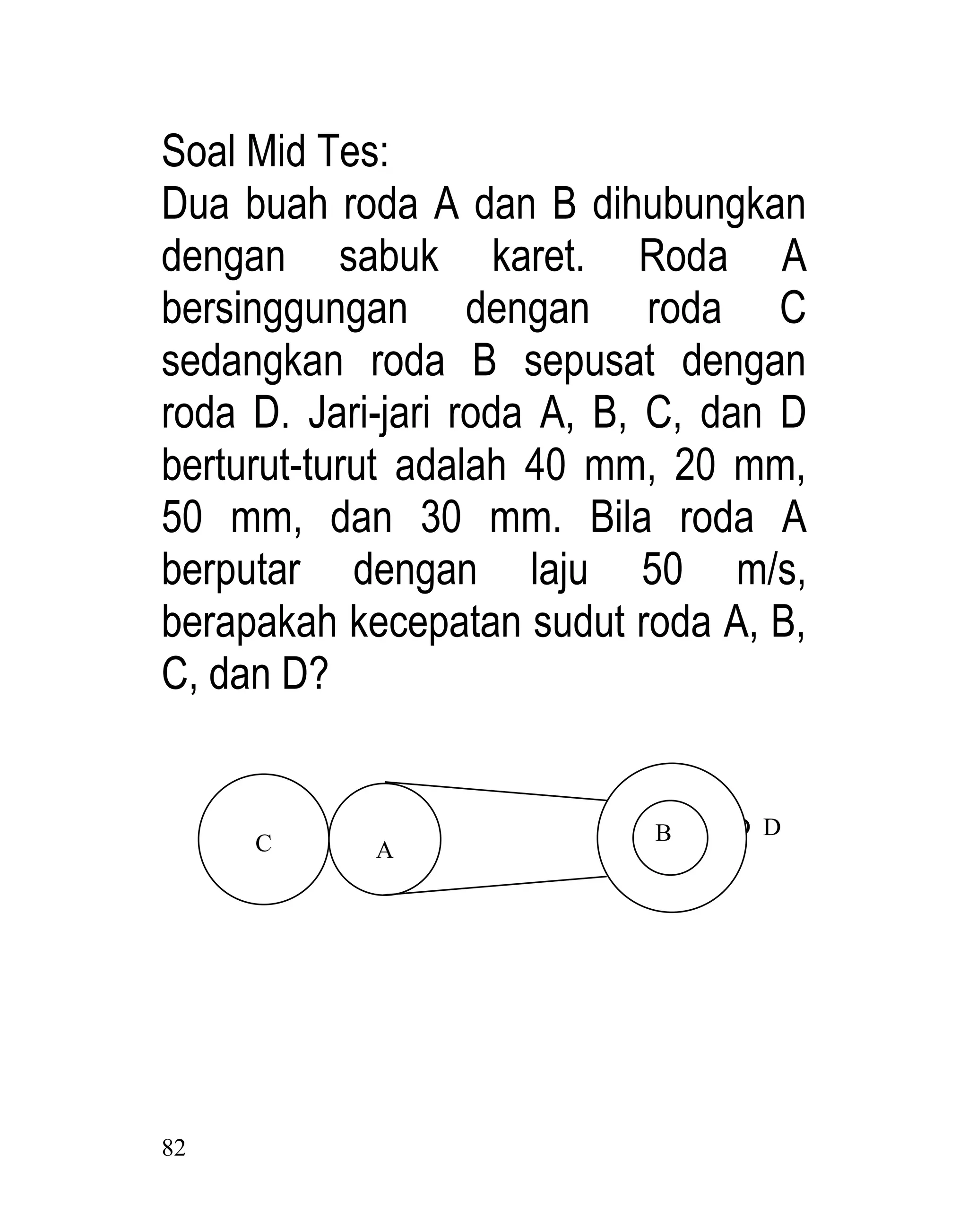 82
Soal Mid Tes:
Dua buah roda A dan B dihubungkan
dengan sabuk karet. Roda A
bersinggungan dengan roda C
sedangkan roda B sepusat dengan
roda D. Jari-jari roda A, B, C, dan D
berturut-turut adalah 40 mm, 20 mm,
50 mm, dan 30 mm. Bila roda A
berputar dengan laju 50 m/s,
berapakah kecepatan sudut roda A, B,
C, dan D?
D D
B
A
C
 