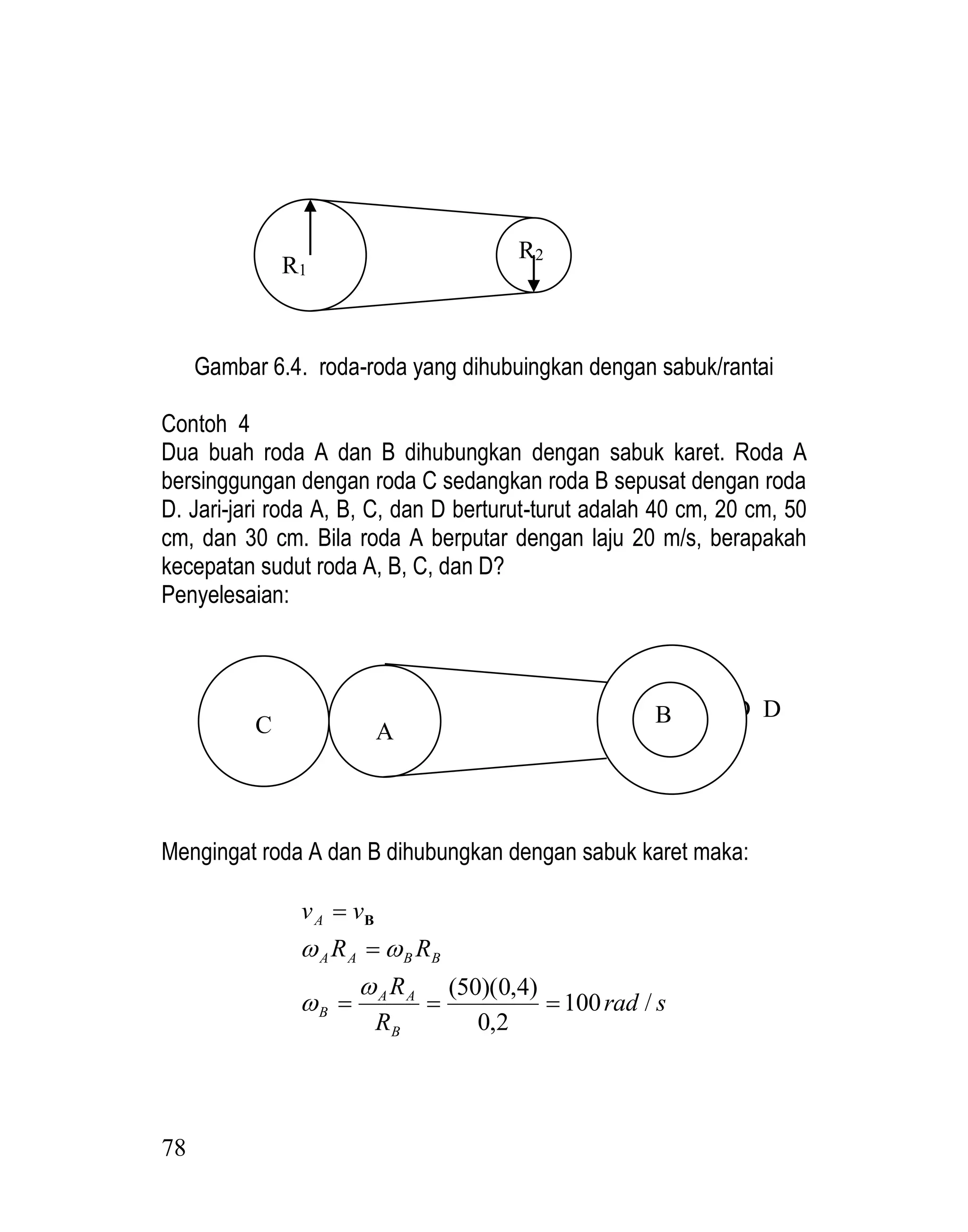 78
Gambar 6.4. roda-roda yang dihubuingkan dengan sabuk/rantai
Contoh 4
Dua buah roda A dan B dihubungkan dengan sabuk karet. Roda A
bersinggungan dengan roda C sedangkan roda B sepusat dengan roda
D. Jari-jari roda A, B, C, dan D berturut-turut adalah 40 cm, 20 cm, 50
cm, dan 30 cm. Bila roda A berputar dengan laju 20 m/s, berapakah
kecepatan sudut roda A, B, C, dan D?
Penyelesaian:
D D
Mengingat roda A dan B dihubungkan dengan sabuk karet maka:
s
rad
R
R
R
R
v
v
B
A
A
B
B
B
A
A
A
/
100
2
,
0
)
4
,
0
)(
50
(









B
R1
R2
B
A
C
 