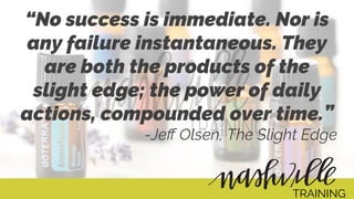 “No success is immediate. Nor is
any failure instantaneous. They
are both the products of the
slight edge; the power of daily
actions, compounded over time.”
-Jeﬀ Olsen, The Slight Edge
TRAINING
 