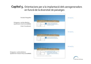 Capítol 5. Orientacions per a la implantació dels aerogeneradors
en funció de la diversitat de paisatges
Simulació fotogràfica

SITUACIÓ 1

Pictograma + codi de referència
[quadrat ple: situació aconsellable]
Criteri / Consideració

SITUACIÓ 2

SITUACIÓ 3

Pictograma + codi de referència
[quadrat buit: situació menys aconsellable]

 