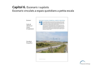 Capítol 6. Escenaris i supòsits
Escenaris vinculats a espais quotidians a petita escala

Escenari
Codis de
referència /
criteris
d’implantació

Simulació
fotogràfica

 