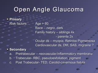 Open Angle GlaucomaOpen Angle Glaucoma
PrimaryPrimary
Risk factors :Risk factors : Age > 60Age > 60
Race – negro, darkRace – negro, dark
Family history – siblings 4xFamily history – siblings 4x
- parents 2x- parents 2x
Ocular ds – myopia, Retinitis PigmentosaOcular ds – myopia, Retinitis Pigmentosa
Cardiovascular ds, DM, SAS, migraine ?Cardiovascular ds, DM, SAS, migraine ?
SecondarySecondary
a.a. Pretrabecular – neovascular/inflammatory membranePretrabecular – neovascular/inflammatory membrane
b.b. Trabecular- RBC, pseudoexfoliation, pigmentTrabecular- RBC, pseudoexfoliation, pigment
c.c. Post Trabecular- TED, Carotid-cavernous fistulaPost Trabecular- TED, Carotid-cavernous fistula
 