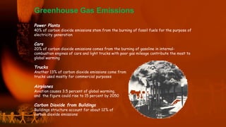 Greenhouse Gas Emissions
Power Plants
40% of carbon dioxide emissions stem from the burning of fossil fuels for the purpose of
electricity generation
Cars
20% of carbon dioxide emissions comes from the burning of gasoline in internal-
combustion engines of cars and light trucks with poor gas mileage contribute the most to
global warming
Trucks
Another 13% of carbon dioxide emissions come from
trucks used mostly for commercial purposes
Airplanes
Aviation causes 3.5 percent of global warming,
and the figure could rise to 15 percent by 2050
Carbon Dioxide from Buildings
Buildings structure account for about 12% of
carbon dioxide emissions
 
