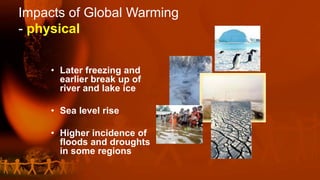 Impacts of Global Warming
- physical
• Later freezing and
earlier break up of
river and lake ice
• Sea level rise
• Higher incidence of
floods and droughts
in some regions
 