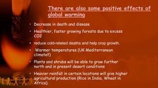 There are also some positive effects of
global warming
• Decrease in death and disease
• Healthier, faster growing forests due to excess
CO2
• reduce cold-related deaths and help crop growth.
• Warmer temperatures (UK Mediterranean
climate!!)
• Plants and shrubs will be able to grow further
north and in present desert conditions
• Heavier rainfall in certain locations will give higher
agricultural production (Rice in India, Wheat in
Africa).
 