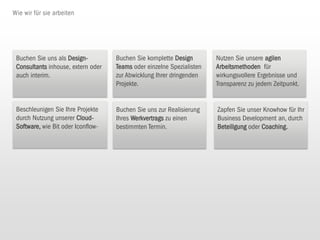 Iconstorm – Agentur für Markentechnik




                                  Kurz-Info                                    Expertise
                                  • Inhabergeführte Agentur                    • Unser umfangreiches Methodenwissen
                                  • 8 + 6 Fest/Freie Mitarbeiter                  und Vorgehen sichert den
                                  • Gründung 01.04.2004                           nachvollziehbaren Umsetzungserfolg
                                  • methodisch, inspirierend, wirkungsvoll        unserer Kunden.
                                  • Firmensitz: Frankfurt am Main
                                                                               •   Wir entwickeln anwendungsorientierte
                                  Was wir tun                                      Ergebnisse für eine schnelle und klare
                                  Als erste Agentur für Markentechnik              Vermittlung von Informationen, Wissen
                                  unterstützen wir Markenentscheider bei der       und Markengestaltung.
                                  Schärfung von Markenprofilen mit der
                                  Entwicklung, Führung und Gestaltung ihrer    •   Wir denken unternehmerisch und
                                  Marken.                                          versetzen uns in unsere Kunden für
                                                                                   kaufmännisch sinnvolle Lösungen, um
                                  Mehr Infos und Referenzen                        Kosten zu sparen und Umsatzpotenzial zu
                                  http://blog.iconstorm.de                         wecken.

                                                                               •   Unser modulares Vorgehen vom
Blick in die Agentur                                                               ganzheitlichen Konzept bis hin zu
                                                                                   integrierten Einzellösungen passt für viele
                                                                                   Projekte.

                                                                               •   Unser Projekterfahrung vom mittel-
                                                                                   ständischen Unternehmen bis zum
                                                                                   Großkonzern gibt Sicherheit bei der
                                                                                   Umsetzung.

                                                                               •   Über 15 Jahre Erfahrung in der
                                                                                   Markenberatung und Markenkreation in
                                                                                   über 100 Projekten für namhafte Marken
                                                                                   sorgen für Kompetenz.


                                                                                                                                 11
 
