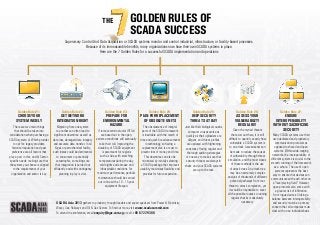 The

Golden Rules of
SCADA Success

Supervisory Control And Data Acquisition or SCADA systems monitor and control industrial, infrastructure, or facility-based processes.
Because of its immeasurable benefits, many organizations now have their own SCADA systems in place.
Here are the 7 Golden Rules for a successful SCADA implementation and operations

Golden Rule #1:

Golden Rule #2:

Choose your
system wisely

Get network
integration right

There are two main things
that should be taken into
consideration when purchasing a
SCADA system: a) Which provider
to opt for: legacy providers,
historical reputation and peer
preference are all factors that
play a part in this; and b) Sectorspecific needs: making sure that
the system you choose is aligned
to the requirements of your
organisation and sector is key.

Migrating from one system
to another can often lead to
significant downtime as well as
data loss, damaged data integrity
and accurate data transfer. In oil
& gas or petrochemical facility,
such losses could be detrimental
to consumers or potentially
catastrophic, so making sure
that integration is carried out
efficiently and with contingency
planning in play is vital.

Golden Rule #3:

Prepare for
environmental
hazard
If remote terminal units (RTUs)
are based out in the open,
extreme conditions will eventually
take their toll. Improving the
durability of SCADA equipment
is paramount for regions
such as Asia with scorching
temperatures during the day,
cold nights and abrasive and
inhospitable conditions. For
maximum performance, periodic
maintenance should be carried
out in-line with a 10 – 15 year
equipment lifespan.

Golden Rule #4:

Golden Rule #5:

Plan for replacement
of obsolete units

Keep security
threats at bay

The obsolescence of integral
parts of the SCADA framework
is inevitable with the march of
time and quick-fire advancements
in technology, so having a
replacement plan is a must to
prevent loss of money and time.
This downtime can also be
minimized by initially selecting
a SCADA package that improves
usability, maximises flexibility and
provides for future expansion.

Just like their biological cousins,
computer viruses evolve as
quickly as their uploaders are
diligent, and threat profiles
are updated with frightening
constancy. Having regular and
thorough auditing strategies
is one way to make sure that
security threats are always in
check and your SCADA systems
are up to the task.

SCADA Asia 2013 gathers top industry thought leaders and expert speakers from Power & Electricity,
Water, Gas, Railways and Oil & Gas Sectors. To find out more, visit www.scadasummit.com
To attend the conference, email enquiry@iqpc.com.sg or call +65 6722 9388.

Golden Rule #6:

Assess your
vulnerability
regularly
Given the myriad threats
that exist out there, it is still
difficult to quantify exactly how
vulnerable a SCADA system is
to an attack. Assessments can
be made to reduce the causes
of vulnerability through threat
simulation, and the most classic
of these methods is the use
of attack trees. An attack tree
may be an extremely complex
analysis of thousands of different
potential pathways from root
threat to attack completion, yet
it would be impossible to cover
all the possible routes so running
regular checks is absolutely
necessary.

Golden Rule #7:

Ensure
interoperability
without sacrificing
security
Many SCADA systems use their
own dedicated and proprietary
communication protocols as
opposed to shared and open
systems. Within wide-ranging
networks, the interoperability of
different systems is crucial to the
smooth running of the framework
as a whole. The use of open
systems represents the best
way to ensure that devices can
communicate with each other on
a “level playing field.” However,
open protocols also come with
a greater risk of infiltration
from rogue devices. Striking a
balance between interoperability
and security must be a primary
concern that all companies must
deal with on an individual basis.

 