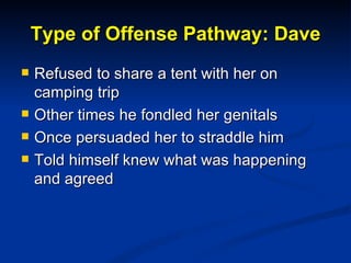 Type of Offense Pathway: Dave <ul><li>Refused to share a tent with her on camping trip </li></ul><ul><li>Other times he fo...