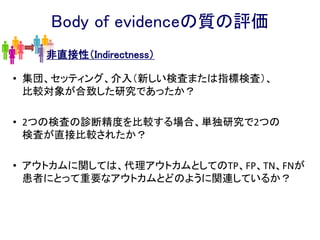 DTAへのGRADEアプローチの適用
疑問の定式化
とアウトカム
CQ設定（PICO）
重要なアウトカム
を特定
*各カテゴリ別帰結の定
義
TP
FP
TN
FN
死亡
罹患
QOL
害
その他
診断研究の
システマティックレビュー
QUADAS-2評価
RoBとApplicability
メタアナリシスの実施
感度
特異度
エビデンスの
質の評価
統合エビデンスに
GRADEを適応
*GRADE down5要因＆up3要因
エビデンスプロファイル
推奨の作成
4つの要因を考慮し判断
推奨の強さと方向
□ エビデンスの質
□ 利益と害のバランス
□ 価値観と好み
□ 資源の利用（コスト）
全体的なエビデンスの質
● ～を使用する（強い推奨）
● ～を 使用する（弱い推奨）
● ～を使用しない（強い推奨）
● ～を 使用しない（弱い推奨）
 