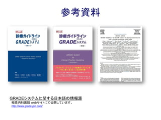 Body of evidenceの質の評価
不精確さ（Imprecision）
• 小さなサンプルサイズでは不精確な推定値をもたらす。
• サンプルサイズを使った不精確さ
Pooled sensitivity & specificityがそれぞれ85%、90%の時、
それらの絶対精度差として5%を検出しうる患者数か？
• 信頼区間を使った不精確さ
事前確率が低ければ（例えば有病率1%ならば）、Pooled
diagnostic valueの信頼区間が広くても、あまり問題にならない。
• 判断するための基準は介入のGRADEほど確立していない。
 