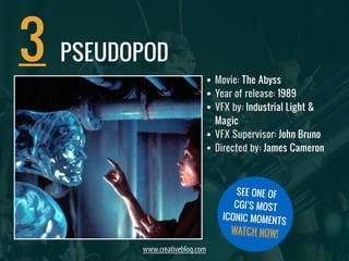 • Movie: The Abyss 
• Year of release: 1989 
• VFX by: Industrial Light & 
Magic 
• VFX Supervisor: John Bruno 
• Directed by: James Cameron 
3 
www.creativebloq.com 
SEE ONE OF 
CGI’S MOST 
ICONIC MOMENTS 
WATCH NOW! 
PSEUDOPOD 
 