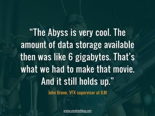 “The Abyss is very cool. The 
amount of data storage available 
then was like 6 gigabytes. That’s 
what we had to make that movie. 
And it still holds up.” 
John Bruno, VFX supervisor at ILM 
www.creativebloq.com 
 