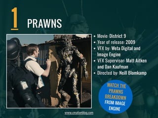 • Movie: District 9 
• Year of release: 2009 
• VFX by: Weta Digital and 
Image Engine 
• VFX Supervisor: Matt Aitken 
and Dan Kaufman 
• Directed by: Neill Blomkamp 
1 
www.creativebloq.com 
WATCH THE 
PRAWNS 
BREAKDOWN 
FROM IMAGE 
ENGINE 
PRAWNS 
 