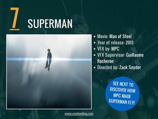 • Movie: Man of Steel 
• Year of release: 2013 
• VFX by: MPC 
• VFX Supervisor: Guillaume 
Rocheron 
• Directed by: Zack Snyder 
7 
www.creativebloq.com 
SEE NEXT TO 
DISCOVER HOW 
MPC MADE 
SUPERMAN FLY! 
SUPERMAN 
 