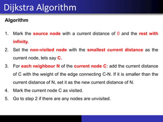 Dijkstra Algorithm
Algorithm
1. Mark the source node with a current distance of 0 and the rest with
infinity.
2. Set the non-visited node with the smallest current distance as the
current node, lets say C.
3. For each neighbour N of the current node C: add the current distance
of C with the weight of the edge connecting C-N. If it is smaller than the
current distance of N, set it as the new current distance of N.
4. Mark the current node C as visited.
5. Go to step 2 if there are any nodes are unvisited.
 