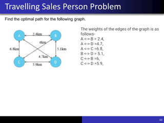 63
Travelling Sales Person Problem
Find the optimal path for the following graph.
The weights of the edges of the graph is as
follows-
A <-> B = 2.4,
A <-> D =4.7,
A <-> C =6.8,
B <-> D = 5.1,
C <-> B =6,
C <-> D =5.9,
 