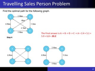 67
Travelling Sales Person Problem
Find the optimal path for the following graph.
The Final answer is A -> B -> D -> C -> A = 2.4 + 5.1 +
5.9 + 6.8 = 20.2
 
