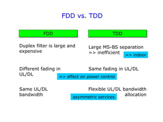 FDD vs. TDD
FDD TDD
Duplex filter is large and
expensive
Large MS-BS separation
=> inefficient
Different fading in
UL/DL
Same fading in UL/DL
Same UL/DL
bandwidth
Flexible UL/DL bandwidth
allocation
=> effect on power control
asymmetric services
=> indoor
 