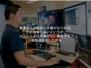 普通の人は製品に不備がなければ、
そのままで良いというが、
エンジニアは不備がない場合でも、
機能追加をしたがる
Copyright 2018 Masayuki Tadokoro All rights reserved
 