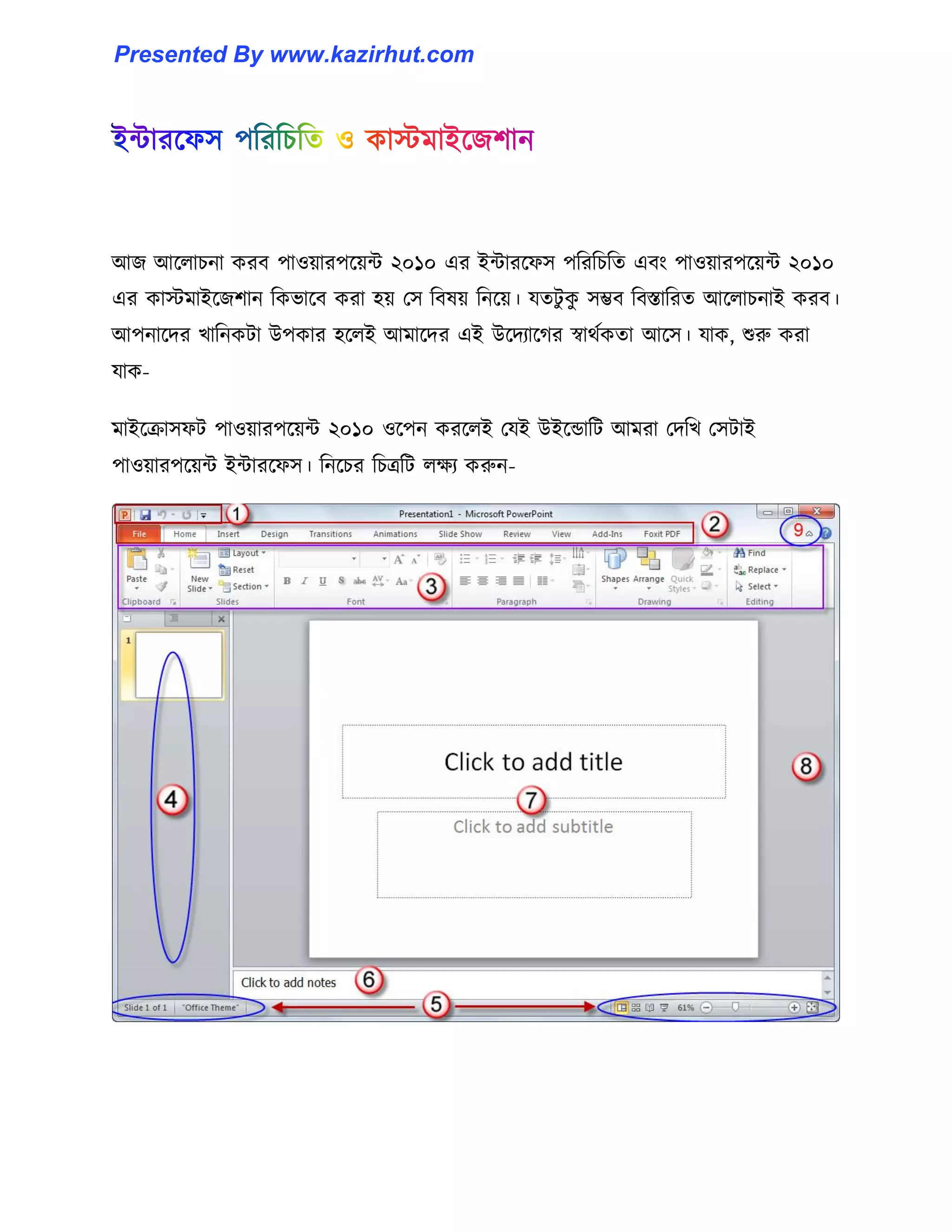 আজ আক্঱াচনা করব পা঑য়ারপক্য়ন্ট ২০১০ এর ইন্টারক্ফ঴ পটরটচটে এবাং পা঑য়ারপক্য়ন্ট ২০১০
এর কােমাইক্জলান টকভাক্ব করা ঵য় প঴ টব঳য় টনক্য়। যেটু কু ঴ম্ভব টবস্তাটরে আক্঱াচনাই করব।
আপনাক্ের খাটনকটা উপকার ঵ক্঱ই আমাক্ের এই উক্েযাক্গর স্বার্ণকো আক্঴। যাক, শুরু করা
যাক-
মাইক্রা঴ফট পা঑য়ারপক্য়ন্ট ২০১০ ঑ক্পন করক্঱ই পযই উইক্ন্ডাটট আমরা পেটখ প঴টাই
পা঑য়ারপক্য়ন্ট ইন্টারক্ফ঴। টনক্চর টচত্রটট ঱েয করুন-
Presented By www.kazirhut.com
 