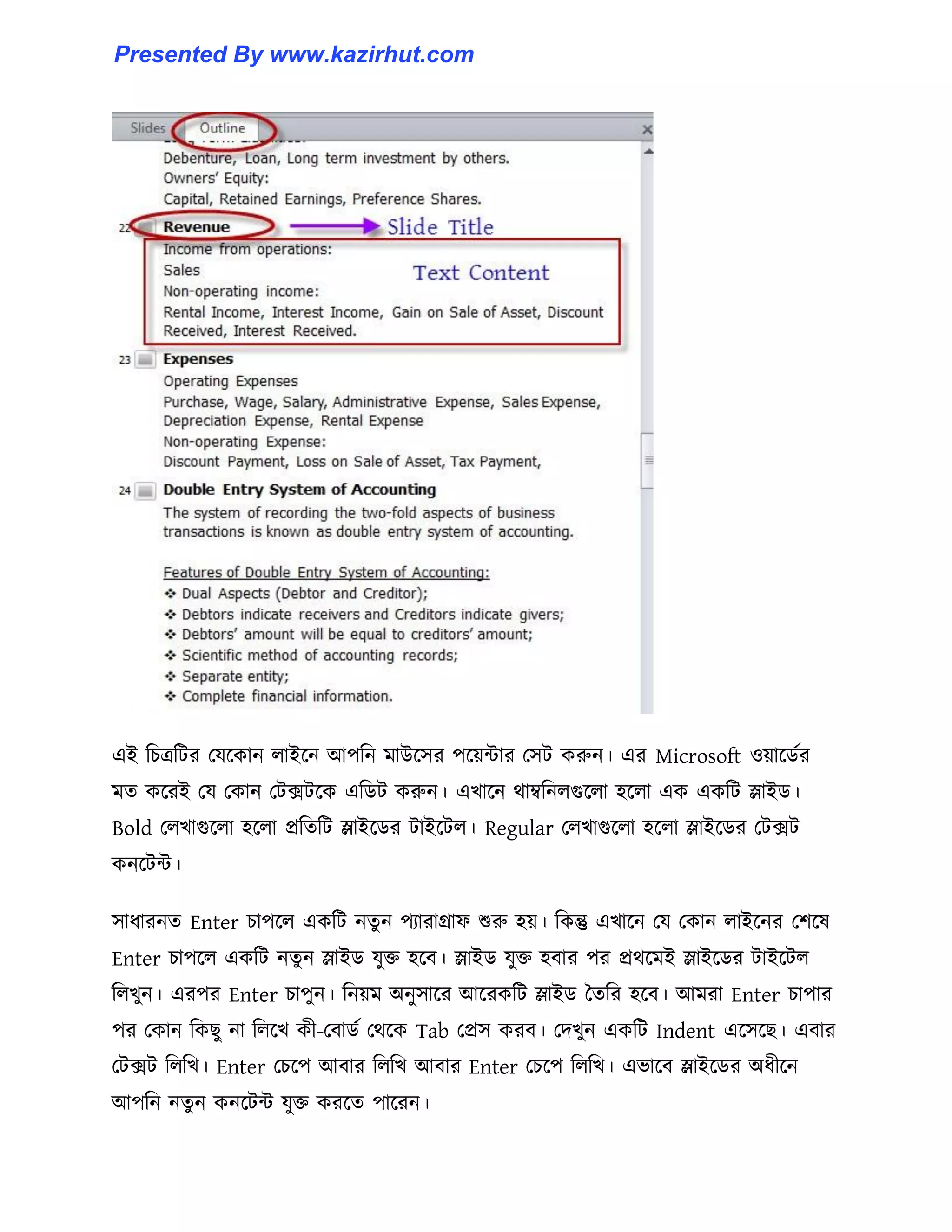 এই টচত্রটটর পযক্কান ঱াইক্ন আপটন মাউক্঴র পক্য়ন্টার প঴ট করুন। এর Microsoft ঑য়াক্র্ণর
মে কক্রই পয পকান পটেটক্ক এটর্ট করুন। এখাক্ন র্াম্বটন঱গুক্঱া ঵ক্঱া এক একটট স্লাইর্।
Bold প঱খাগুক্঱া ঵ক্঱া প্রটেটট স্লাইক্র্র টাইক্ট঱। Regular প঱খাগুক্঱া ঵ক্঱া স্লাইক্র্র পটেট
কনক্টন্ট।
঴াধ্ারনে Enter চাপক্঱ একটট নেু ন পযারাগ্রাফ শুরু ঵য়। টকন্তু এখাক্ন পয পকান ঱াইক্নর পলক্঳
Enter চাপক্঱ একটট নেু ন স্লাইর্ যুক্ত ঵ক্ব। স্লাইর্ যুক্ত ঵বার পর প্রর্ক্মই স্লাইক্র্র টাইক্ট঱
ট঱খুন। এরপর Enter চাপুন। টনয়ম অনু঴াক্র আক্রকটট স্লাইর্ তেটর ঵ক্ব। আমরা Enter চাপার
পর পকান টকছু না ট঱ক্খ কী-পবার্ণ পর্ক্ক Tab পপ্র঴ করব। পেখুন একটট Indent এক্঴ক্ছ। এবার
পটেট ট঱টখ। Enter পচক্প আবার ট঱টখ আবার Enter পচক্প ট঱টখ। এভাক্ব স্লাইক্র্র অধ্ীক্ন
আপটন নেু ন কনক্টন্ট যুক্ত করক্ে পাক্রন।
Presented By www.kazirhut.com
 