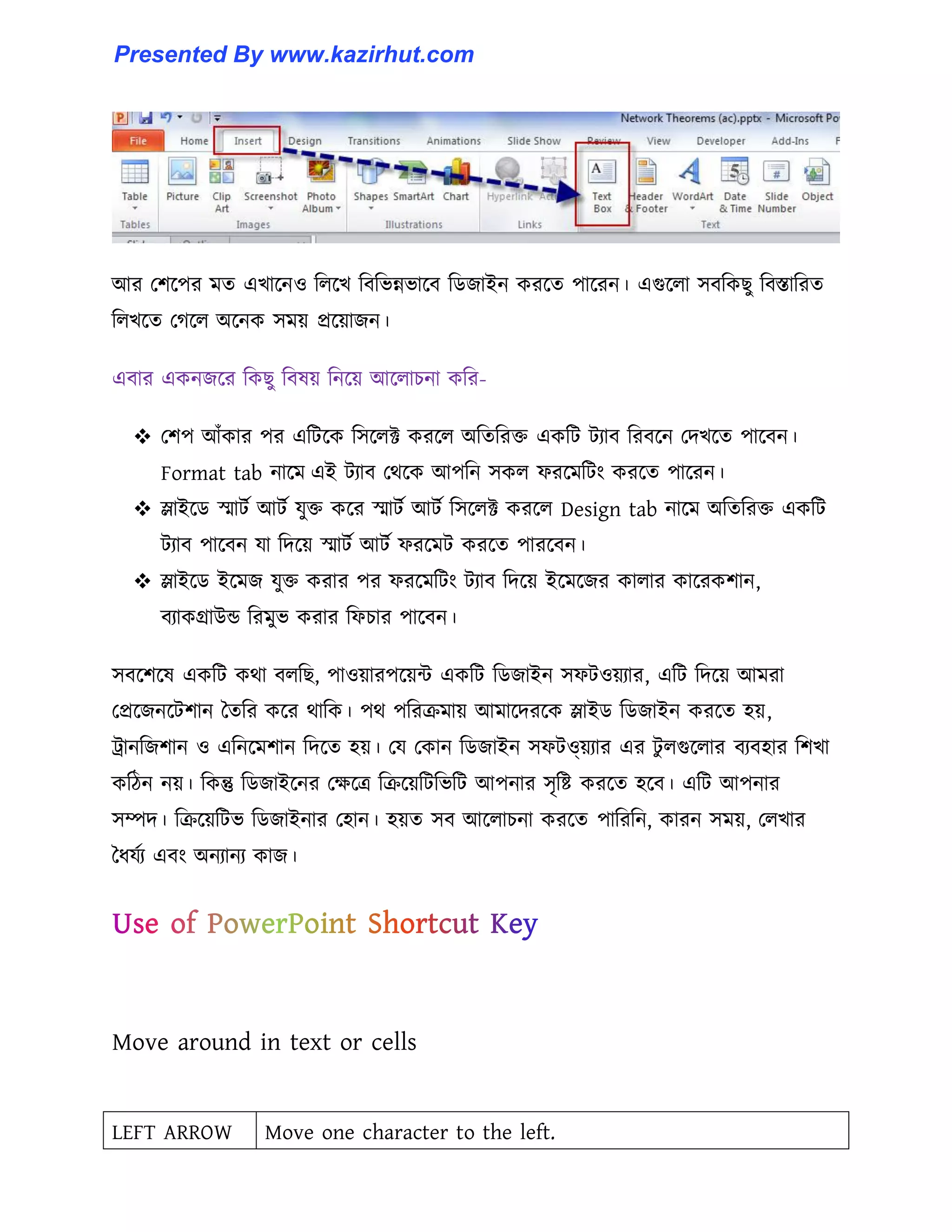 আর পলক্পর মে এখাক্ন঑ ট঱ক্খ টবটভন্নভাক্ব টর্জাইন করক্ে পাক্রন। এগুক্঱া ঴বটকছু টবস্তাটরে
ট঱খক্ে পগক্঱ অক্নক ঴ময় প্রক্য়াজন।
এবার একনজক্র টকছু টব঳য় টনক্য় আক্঱াচনা কটর-
 পলপ আোঁকার পর এটটক্ক ট঴ক্঱ক্ট করক্঱ অটেটরক্ত একটট টযাব টরবক্ন পেখক্ে পাক্বন।
Format tab নাক্ম এই টযাব পর্ক্ক আপটন ঴ক঱ ফরক্মটটাং করক্ে পাক্রন।
 স্লাইক্র্ স্মাটণ আটণ যুক্ত কক্র স্মাটণ আটণ ট঴ক্঱ক্ট করক্঱ Design tab নাক্ম অটেটরক্ত একটট
টযাব পাক্বন যা টেক্য় স্মাটণ আটণ ফরক্মট করক্ে পারক্বন।
 স্লাইক্র্ ইক্মজ যুক্ত করার পর ফরক্মটটাং টযাব টেক্য় ইক্মক্জর কা঱ার কাক্রকলান,
বযাকগ্রাউন্ড টরমুভ করার টফচার পাক্বন।
঴বক্লক্঳ একটট কর্া ব঱টছ, পা঑য়ারপক্য়ন্ট একটট টর্জাইন ঴ফট঑য়যার, এটট টেক্য় আমরা
পপ্রক্জনক্টলান তেটর কক্র র্াটক। পর্ পটররমায় আমাক্েরক্ক স্লাইর্ টর্জাইন করক্ে ঵য়,
ট্রানটজলান ঑ এটনক্মলান টেক্ে ঵য়। পয পকান টর্জাইন ঴ফট঑য়য়যার এর টু ঱গুক্঱ার বযব঵ার টলখা
কটিন নয়। টকন্তু টর্জাইক্নর পেক্ত্র টরক্য়টটটভটট আপনার ঴ৃটষ্ট করক্ে ঵ক্ব। এটট আপনার
঴ম্পে। টরক্য়টটভ টর্জাইনার প঵ান। ঵য়ে ঴ব আক্঱াচনা করক্ে পাটরটন, কারন ঴ময়, প঱খার
তধ্যণয এবাং অনযানয কাজ।
Move around in text or cells
LEFT ARROW Move one character to the left.
Presented By www.kazirhut.com
 