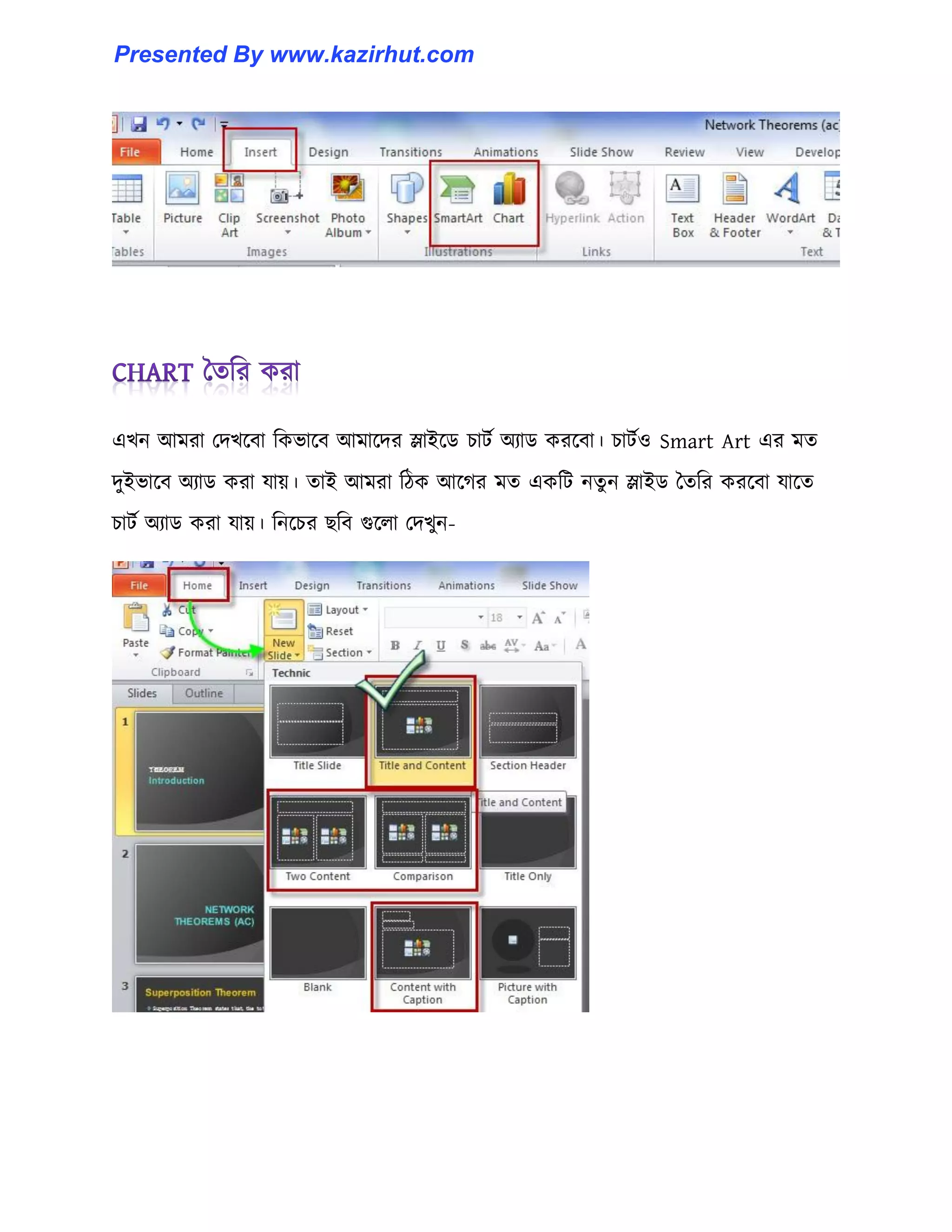 এখন আমরা পেখক্বা টকভাক্ব আমাক্ের স্লাইক্র্ চাটণ অযার্ করক্বা। চাটণ঑ Smart Art এর মে
েুইভাক্ব অযার্ করা যায়। োই আমরা টিক আক্গর মে একটট নেু ন স্লাইর্ তেটর করক্বা যাক্ে
চাটণ অযার্ করা যায়। টনক্চর ছটব গুক্঱া পেখুন-
Presented By www.kazirhut.com
 