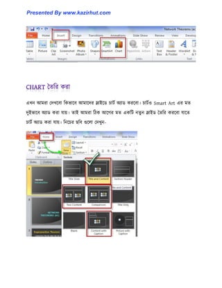 এখন আমরা পেখক্বা টকভাক্ব আমাক্ের স্লাইক্র্ চাটণ অযার্ করক্বা। চাটণ঑ Smart Art এর মে
েুইভাক্ব অযার্ করা যায়। োই আমরা টিক আক্গর মে একটট নেু ন স্লাইর্ তেটর করক্বা যাক্ে
চাটণ অযার্ করা যায়। টনক্চর ছটব গুক্঱া পেখুন-
Presented By www.kazirhut.com
 