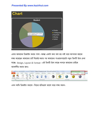 এবার আমাক্ের টর্জাইন করার পা঱া। আো একটা কর্া ব঱া ঵য় নাই েক্ব আপনারা ঵য়ক্ো
঱েয কক্রক্ছন আমাক্ের চাটণ ট঴ক্঱ক্ট করার পর আমাক্ের পা঑য়ারপক্য়ক্ন্ট নেু ন টেনটট টযাব পেখা
যাক্ে- Design, Layout & Format। এই টেনটট টযাব কাক্জ ঱াগক্ব আমাক্ের চাটণক্ক
আক঳ণর্ীয় করার জনয।
এখন আটম টর্জাইন করক্বা। টনক্চর ছটবগুক্঱া ভাক্঱া কক্র ঱েয করুন-
Presented By www.kazirhut.com
 