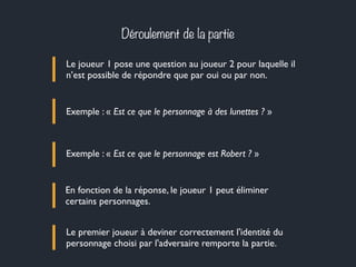 Déroulement de la partie
Le joueur 1 pose une question au joueur 2 pour laquelle il
n’est possible de répondre que par oui ou par non.
Exemple : « Est ce que le personnage à des lunettes ? »
Exemple : « Est ce que le personnage est Robert ? »
En fonction de la réponse, le joueur 1 peut éliminer
certains personnages.
Le premier joueur à deviner correctement l'identité du
personnage choisi par l'adversaire remporte la partie.
 