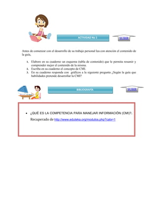 ACTIVIDAD No 1                   SUBIR



Antes de comenzar con el desarrollo de su trabajo personal lea con atención el contenido de
la guía,

   1. Elabore en su cuaderno un esquema (tabla de contenido) que le permita resumir y
      comprender mejor el contenido de la misma.
   2. Escriba en su cuaderno el concepto de CMI.
   3. En su cuaderno responda con gráficos a la siguiente pregunta ¿Según la guía que
      habilidades pretende desarrollar la CMI?



                                           BIBLIOGRAFÍA                             SUBIR




    ¿QUÉ ES LA COMPETENCIA PARA MANEJAR INFORMACIÓN (CMI)?.

        Recuperado de http://www.eduteka.org/modulos.php?catx=1
 