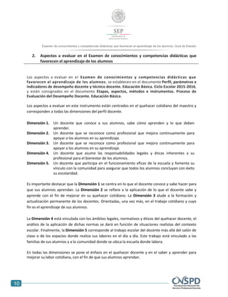 10
Examen de conocimientos y competencias didácticas que favorecen el aprendizaje de los alumnos. Guía de Estudio
2. Aspectos a evaluar en el Examen de conocimientos y competencias didácticas que
favorecen el aprendizaje de los alumnos
Los aspectos a evaluar en el Examen de conocimientos y competencias didácticas que
favorecen el aprendizaje de los alumnos, se establecen en el documento Perfil, parámetros e
indicadores de desempeño docente y técnico docente. Educación Básica. Ciclo Escolar 2015-2016,
y están consignados en el documento Etapas, aspectos, métodos e instrumentos. Proceso de
Evaluación del Desempeño Docente. Educación Básica.
Los aspectos a evaluar en este instrumento están centrados en el quehacer cotidiano del maestro y
corresponden a todas las dimensiones del perfil docente.
Dimensión 1. Un docente que conoce a sus alumnos, sabe cómo aprenden y lo que deben
aprender.
Dimensión 2. Un docente que se reconoce como profesional que mejora continuamente para
apoyar a los alumnos en su aprendizaje.
Dimensión 3. Un docente que se reconoce como profesional que mejora continuamente para
apoyar a los alumnos en su aprendizaje.
Dimensión 4. Un docente que asume las responsabilidades legales y éticas inherentes a su
profesional para el bienestar de los alumnos.
Dimensión 5. Un docente que participa en el funcionamiento eficaz de la escuela y fomenta su
vínculo con la comunidad para asegurar que todos los alumnos concluyan con éxito
su escolaridad.
Es importante destacar que la Dimensión 1 se centra en lo que el docente conoce y sabe hacer para
que sus alumnos aprendan. La Dimensión 2 se refiere a la aplicación de lo que el docente sabe y
aprende con el fin de mejorar en su quehacer cotidiano. La Dimensión 3 alude a la formación y
actualización permanente de los docentes. Orientadas, una vez más, en el trabajo cotidiano y cuyo
fin es el aprendizaje de sus alumnos.
La Dimensión 4 está vinculada con los ámbitos legales, normativos y éticos del quehacer docente, el
análisis de la aplicación de dichas normas se dará en función de situaciones realistas del contexto
escolar. Finalmente, la Dimensión 5 corresponde al trabajo escolar del docente más allá del salón de
clase o de los espacios donde realiza sus labores en el día a día. Este trabajo está vinculado a las
familias de sus alumnos y a la comunidad donde se ubica la escuela donde labora.
En todas las dimensiones se pone el énfasis en el quehacer docente y en el saber y aprender para
mejorar su labor cotidiana, con el fin de que sus alumnos aprendan.
 