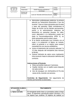Proceso: MISIONAL Código:
Subproceso: Gestión Servicios ambulatorios
odontología
Versión:
Nombre del
documento:
GUIA DE TRAUMA DENTOALVEOLAR
Página:
Fecha:
● Administrar antibioterapia sistémica; la primera
elección es Tetraciclina (Doxiciclina, 2 por día
durante 7 días en dosis apropiada para la edad
y peso del paciente). Debe considerarse el
riesgo de tinción de los dientes permanentes,
previo a la administración sistémica de
tetraciclina en pacientes jóvenes. En ellos,
como alternativa a la tetraciclina puede ser
dada la Fenoximetilpenicilina (PEN V), en
dosis apropiadas para la edad y peso.
● Si el diente avulsionado tuvo contacto con el
suelo o la protección al tétano es incierta,
referir al paciente a un médico para evaluar
necesidad de una vacuna antitetánica.
● Iniciar el tratamiento del conducto radicular 7 a
10 días después del reimplante (tras remover
la férula).
● Colocar hidróxido de calcio como medicación
intra-conducto hasta la obturación definitiva del
conducto.
Instrucciones al Paciente:
● Dieta semisólida hasta por 2 semanas.
● Cepillar dientes con un cepillo suave después
de cada comida.
● Uso de enjuague con clorhexidina (0,1%) dos
veces al día, durante una semana.
Controles de Seguimiento: Ver seguimiento de
dientes permanentes avulsionados.
SITUACION CLINICA
3.1c
TRATAMIENTO
c. Ápice cerrado: El reimplante tardío tiene un pronóstico pobre a largo
plazo. El ligamento periodontal estará necrótico y no
se espera que cicatrice. El objetivo de realizar un
 