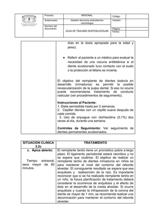 Proceso: MISIONAL Código:
Subproceso: Gestión Servicios ambulatorios
odontología
Versión:
Nombre del
documento:
GUIA DE TRAUMA DENTOALVEOLAR
Página:
Fecha:
días en la dosis apropiada para la edad y
peso).
● Referir al paciente a un médico para evaluar la
necesidad de una vacuna antitetánica si el
diente avulsionado tuvo contacto con el suelo
o la protección al tétano es incierta.
El objetivo del reimplante de dientes todavía en
desarrollo (inmaduros) es permitir la posible
revascularización de la pulpa dental. Si eso no ocurre
puede recomendarse tratamiento de conducto
radicular (ver procedimientos de seguimiento).
Instrucciones al Paciente:
1. Dieta semisólida hasta por 2 semanas.
2. Cepillar dientes con un cepillo suave después de
cada comida.
3. Uso de enjuague con clorhexidina (0,1%) dos
veces al día, durante una semana.
Controles de Seguimiento: Ver seguimiento de
dientes permanentes avulsionados.
SITUACION CLINICA
3.2c
TRATAMIENTO
c. Ápice abierto:
Tiempo extraoral,
seco mayor de 60
minutos.
El reimplante tardío tiene un pronóstico pobre a largo
plazo. El ligamento periodontal estará necrótico y no
se espera que cicatrice. El objetivo de realizar un
reimplante tardío de dientes inmaduros en niños es
para mantener el nivel del contorno del reborde
alveolar. El consiguiente resultado se espera que sea
anquilosis y reabsorción de la raíz. Es importante
reconocer que si se ha realizado reimplante tardío en
un niño, la futura planificación de tratamiento deberá
considerar la ocurrencia de anquilosis y el efecto de
ésta en el desarrollo de la cresta alveolar. Si ocurre
anquilosis y cuando la infraposición de la corona del
diente es mayor de 1 mm, se recomienda realizar una
decoronación para mantener el contorno del reborde
alveolar.
 