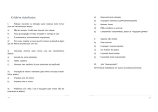 74 75
a) Desenvolvimento atrasado
b) Linguagem expressiva superficialmente perfeita
c) Pedante, formal
d) Estilo monótono ou anormal
e) Compreensão comprometida, apesar da “linguagem perfeita”
V. Aspectos não-verbais:
a) Olhar anormal
b) Linguagem corporal esquisita
c) Uso limitado dos gestos
d) Expressão facial limitada
e) Expressões faciais inapropriadas
VI. Jeito “desengonçado”:
Performance insatisfatória em exame neurodesenvolvimental.
Critério detalhado:
I. Redução marcante na interação social recíproca (pelo menos
duas das características abaixo):
a) Não tem amigos, é inábil para interagir com colegas
b) Pouca preocupação em fazer amizades no começo da vida
c) É socialmente e emocionalmente inapropriado
d) Tem pouca empatia, a menos que lhe chamem a atenção e digam
que ele deveria se preocupar com isso
II. Interesses restritos (pelo menos uma das características
abaixo):
a) Exclusão de outras atividades
b) Padrão repetitivo
c) Interesse mais mecânico do que relacionado ao significado
III. Imposição de rotinas e interesses (pelo menos uma das caracter-
ísticas abaixo):
a) Impostas para ele mesmo
b) Impostas para os outros
IV. Problemas com a fala e com a linguagem (pelo menos três das
características abaixo):
 