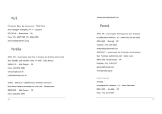 etmaautismo@hotmail.com
Paraná
AMA- PR - Associação Maringaense dos Autistas
Rua Marcelino Venâncio, 30 - Jardim Alto da Boa Vista
87083-069 - Maringá - PR
Fone/fax. (44) 3265-8921
amamaringa@hotmail.com
APROAUT – Associação de Proteção dos Autistas
Rua Francisco Guilhermino,166 - Santa Lucia
84016-550 Ponta Grossa - PR
Fone/fax. (42) 3238-1377
aproaut@hotmail.com
www.aproaut.org.br
Centro Conviver
Unidade I
Rua Margarida Dallarme, 151 - Santa Felicidade
82015-690 - Curitiba - PR
Fone: (41) 3273-3047
97
Pará
Fundação Casa da Esperança – Filial Pará
Rua Passagem Evangélica, nº 7 - Coqueiro
67113-540 - Ananindeua - PA
Fone: (91) 3237-7985 (91) 3266-2300
www.casadaesperanca.org
Paraíba
AMA -PB - Associação dos Pais e Amigos do Autista da Paraíba
Rua Tabelião José Ramalho Leite, nº 1840 - Cabo Branco
58045-230 - João Pessoa - PB
Fone: (83)3045-2980
www.amapb.com.br
contato@amapb.com.br
ETMA - ESPAÇO TERAPÊUTICO MUNDO AUTISTA
Rua Maria Caetano Fernandes de Lima 340 - Tambauzinho
58042-050 - João Pessoa - PB
Fone: (83)3042-0844
96
 