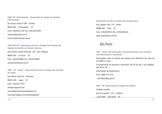 106 107
AMA- SC- Florianópolis - Associação de Amigos do Autista
Florianópolis
Rua Souza Dutra nº 838 - Estreito
88070-605 - Florianópolis - SC
Fone: (48)3025-5140 Fax: (48)3244-6009
veralucia@porttal.com.br
www.amaflorianopolis.org.br
AMA-REC/SC- Associação de Pais e Amigos dos Autistas da
Região Carbonífera de Santa Catarina
Rua Antônio Gabriel Machado, 320 - São Cristóvão
88802-500 - Criciúma - SC
Fone: (48)34629804 Fax: (48)34629804
amarecsc@hotmail.com.br
AMA - SC - Lages - Associação dos Pais e Amigos dos Autistas
de Lages
Rua Melvin Jones 30 - Vila Nova
88503-280 - Lages - SC
Fone: (49)3223-7470
amalgssc@gmail.com
mariodefigueiredoramos@gmail.com
www.sites.google.com/site/amalagessc/
Associação de Pais e Amigos dos Excepcionais
Rua Salgado Filho 774 - Centro
89888-000 - Caibi - SC
Fone: (49)36480216 Fax: (49)36480216
apae_caibi@yahoo.com.br
São Paulo
COE - Centro de Orientação e Encaminhamento para Pessoas
com Deficiência e Familiares
Informações sobre os direitos das pessoas com deficiência por meio de
um 0800 e e-mail
Funcionamento de segunda a sexta-feira, das 8h às 20h, e aos sábados,
das 8h às 14h
Informações de Atendimento:
Fone: 0800-773-3723
coe.sedpcd@sp.gov.br
AMA - SP- Associação de Amigos do Autista
Unidade Lavapés
Rua Do Lavapés, 1123 - Cambuci
01519-000 - São Paulo - SP
 
