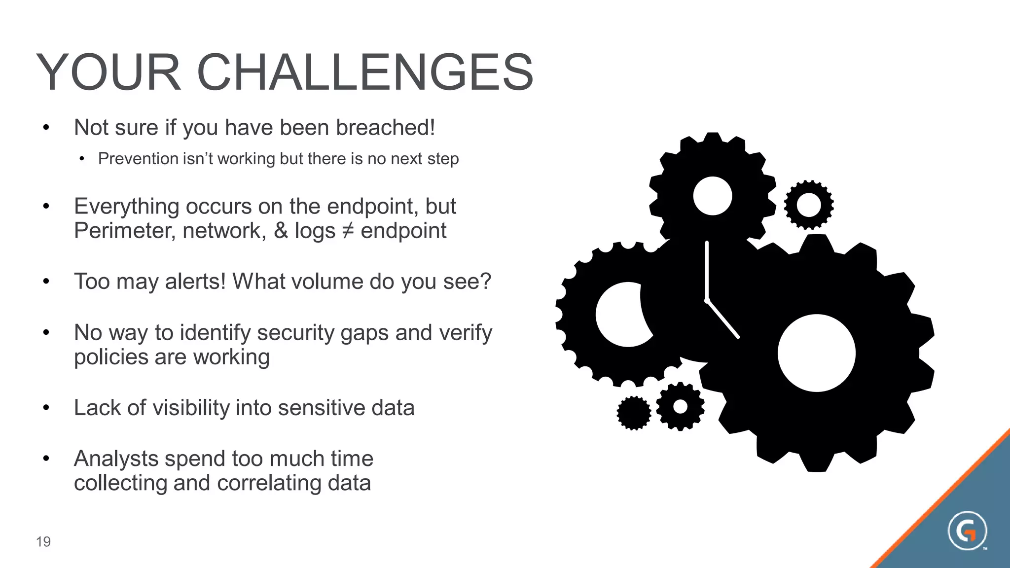 • Not sure if you have been breached!
• Prevention isn’t working but there is no next step
• Everything occurs on the endpoint, but
Perimeter, network, & logs ≠ endpoint
• Too may alerts! What volume do you see?
• No way to identify security gaps and verify
policies are working
• Lack of visibility into sensitive data
• Analysts spend too much time
collecting and correlating data
YOUR CHALLENGES
19
 