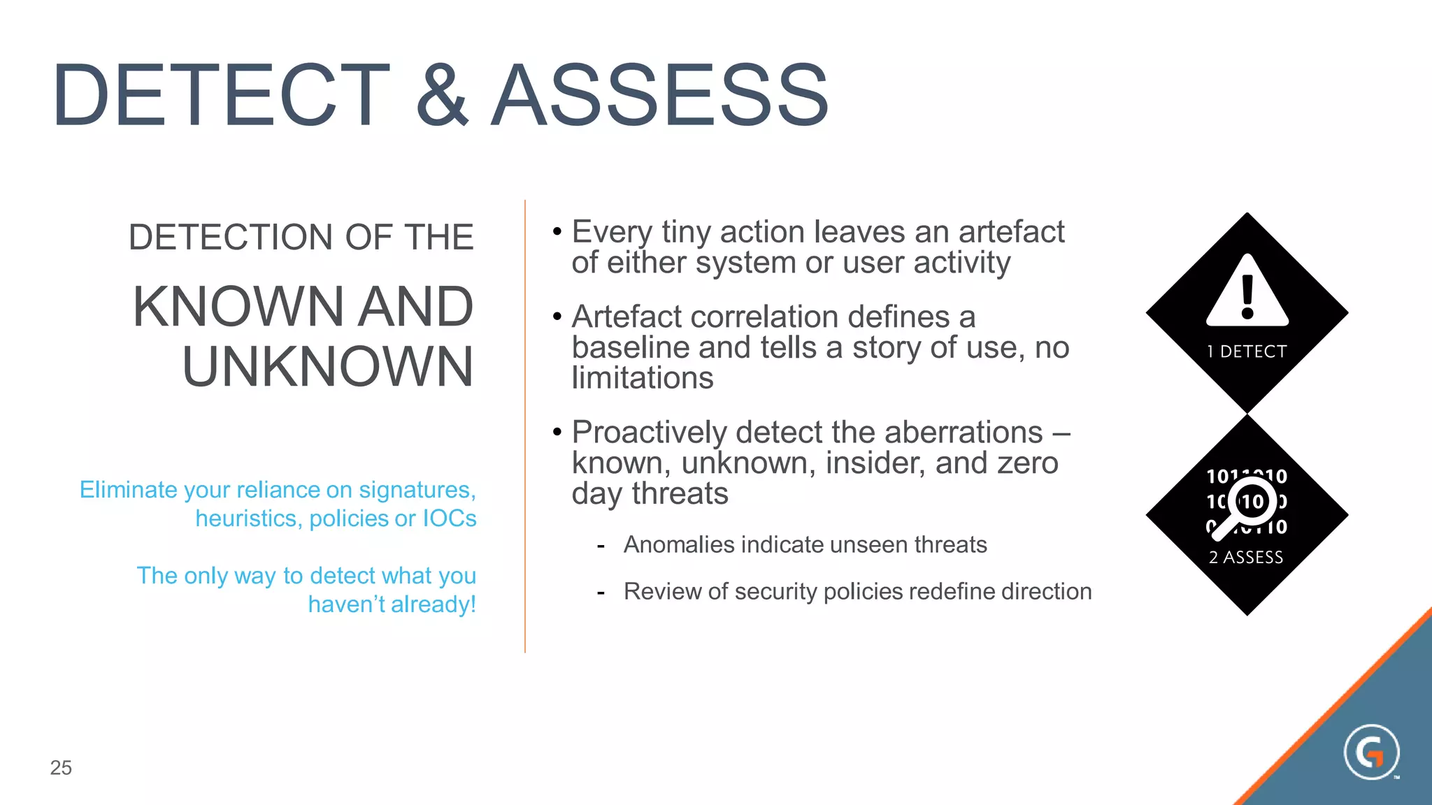 • Every tiny action leaves an artefact
of either system or user activity
• Artefact correlation defines a
baseline and tells a story of use, no
limitations
• Proactively detect the aberrations –
known, unknown, insider, and zero
day threats
- Anomalies indicate unseen threats
- Review of security policies redefine direction
25
KNOWN AND
UNKNOWN
DETECTION OF THE
Eliminate your reliance on signatures,
heuristics, policies or IOCs
The only way to detect what you
haven’t already!
DETECT & ASSESS
 