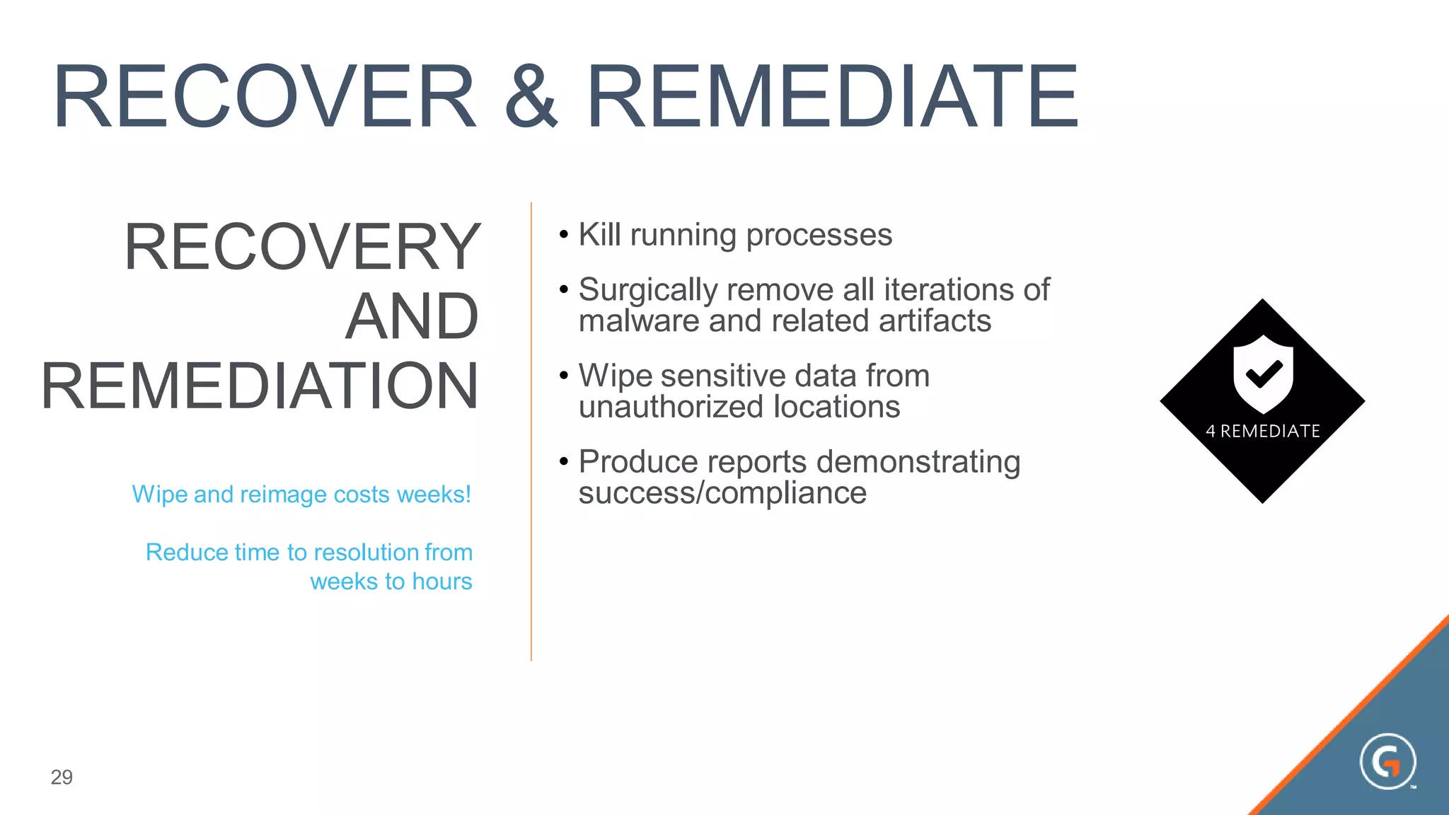 • Kill running processes
• Surgically remove all iterations of
malware and related artifacts
• Wipe sensitive data from
unauthorized locations
• Produce reports demonstrating
success/compliance
RECOVERY
AND
REMEDIATION
Wipe and reimage costs weeks!
Reduce time to resolution from
weeks to hours
29
RECOVER & REMEDIATE
 