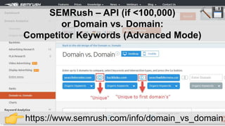 @fighto 46
SEMRush – API (if <100,000)
or Domain vs. Domain:
Competitor Keywords (Advanced Mode)
https://www.semrush.com/i...