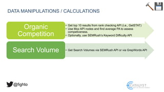 @fighto
DATA MANIPULATIONS / CALCULATIONS
• Get top 10 results from rank checking API (i.e., GetSTAT)
• Use Moz API nodes ...