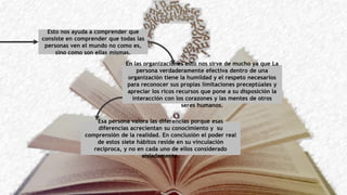 Esto nos ayuda a comprender que
consiste en comprender que todas las
personas ven el mundo no como es,
sino como son ellas mismas.
En las organizaciones esto nos sirve de mucho ya que La
persona verdaderamente efectiva dentro de una
organización tiene la humildad y el respeto necesarios
para reconocer sus propias limitaciones preceptúales y
apreciar los ricos recursos que pone a su disposición la
interacción con los corazones y las mentes de otros
seres humanos.
Esa persona valora las diferencias porque esas
diferencias acrecientan su conocimiento y su
comprensión de la realidad. En conclusión el poder real
de estos siete hábitos reside en su vinculación
recíproca, y no en cada uno de ellos considerado
aisladamente.
 