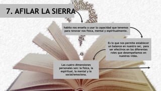 7. AFILAR LA SIERRA
habito nos enseña a usar la capacidad que tenemos
para renovar nos física, mental y espiritualmente.
Es lo que nos permite establecer
un balance en nuestro ser, para
ser efectivos en los diferentes
roles que desempeñamos en
nuestras vidas.
Las cuatro dimensiones
personales son: la física, la
espiritual, la mental y la
social/emociona.
 