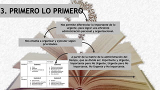 3. PRIMERO LO PRIMERO
Nos permite diferenciar lo importante de lo
urgente, para lograr una eficiente
administración personal y organizacional.
Nos enseña a organizar y ejecutar según
prioridades.
A partir de la matriz de la administración del
tiempo, que se divide en: Importante y Urgente,
Importante pero No Urgente, Urgente pero No
Importante, No Urgente y No Importante.
 