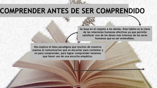 COMPRENDER ANTES DE SER COMPRENDIDO
Se basa en el respeto a los demás. Este hábito es la clave
de las relaciones humanas efectivas ya que permite
satisfacer uno de los deseo mas intensos de los seres
humanos que es ser entendidos.
Nos explica el falso paradigma que muchos de nosotros
usamos al comunicarnos que es escuchar para contestar y
no para comprender, para lograr comprender tenemos
que hacer uso de una escucha empática.
 