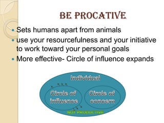 BE PROCATIVESets humans apart from animalsuse your resourcefulness and your initiative to work toward your personal goalsMore effective- Circle of influence expandsIndividualCircle of influenceCircle of concernNot productive