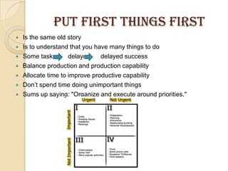 PUT FIRST THINGS FIRSTIs the same old storyIs to understand that you have many things to doSome tasks       delayed      delayed successBalance production and production capabilityAllocate time to improve productive capabilityDon’t spend time doing unimportant thingsSums up saying: "Organize and execute around priorities."